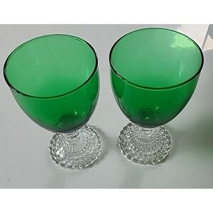 Vintage Pair (2) Anchor Hocking Forest Green Bubble Footed Water, Wine Goblet